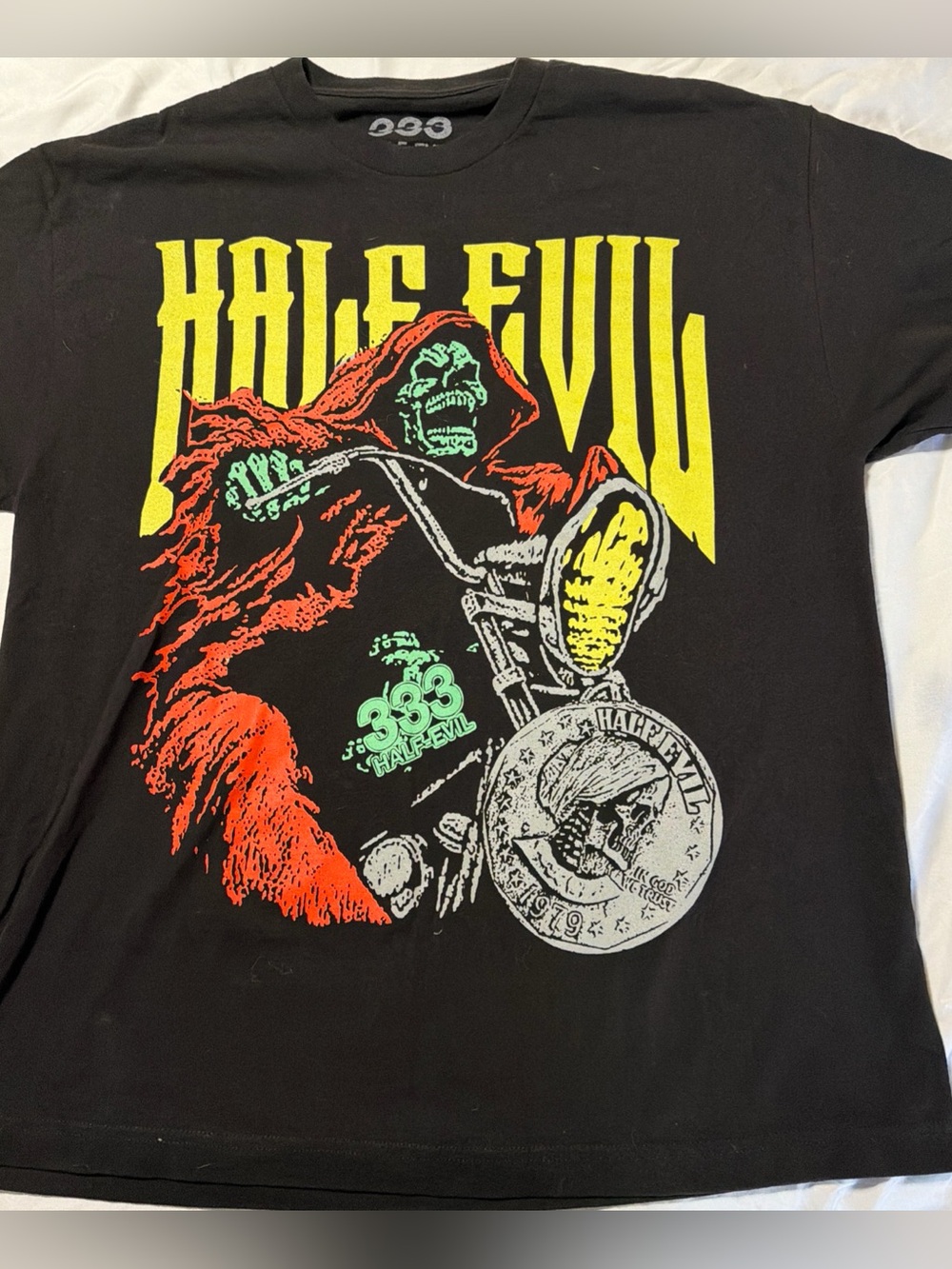 333 Half Evil Black Graphic Tee with skeleton riding motorcycle In size XL